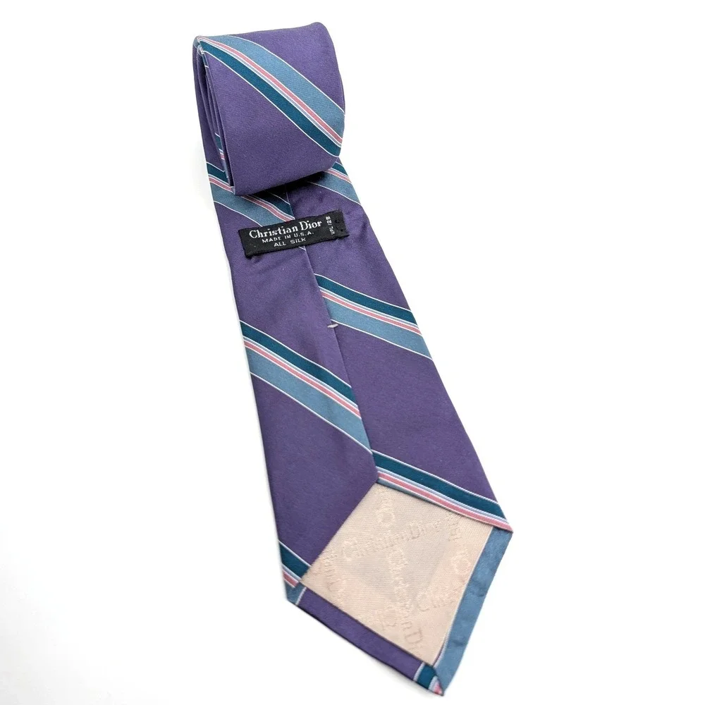 Christian Dior Silk Necktie Purple Teal‎ Pink Striped Vintage Made in USA